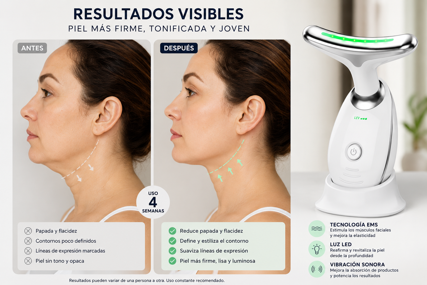 Masajeador de cara, cuello y papada con vibración y LED